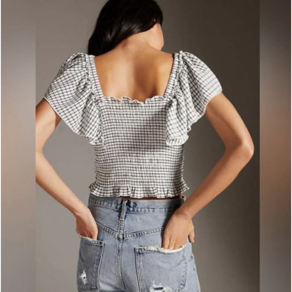 Anthropologie Maeve Crinkle Gingham Smocked Top Ruffle Flutter Sleeve Medium EUC - Picture 5 of 8